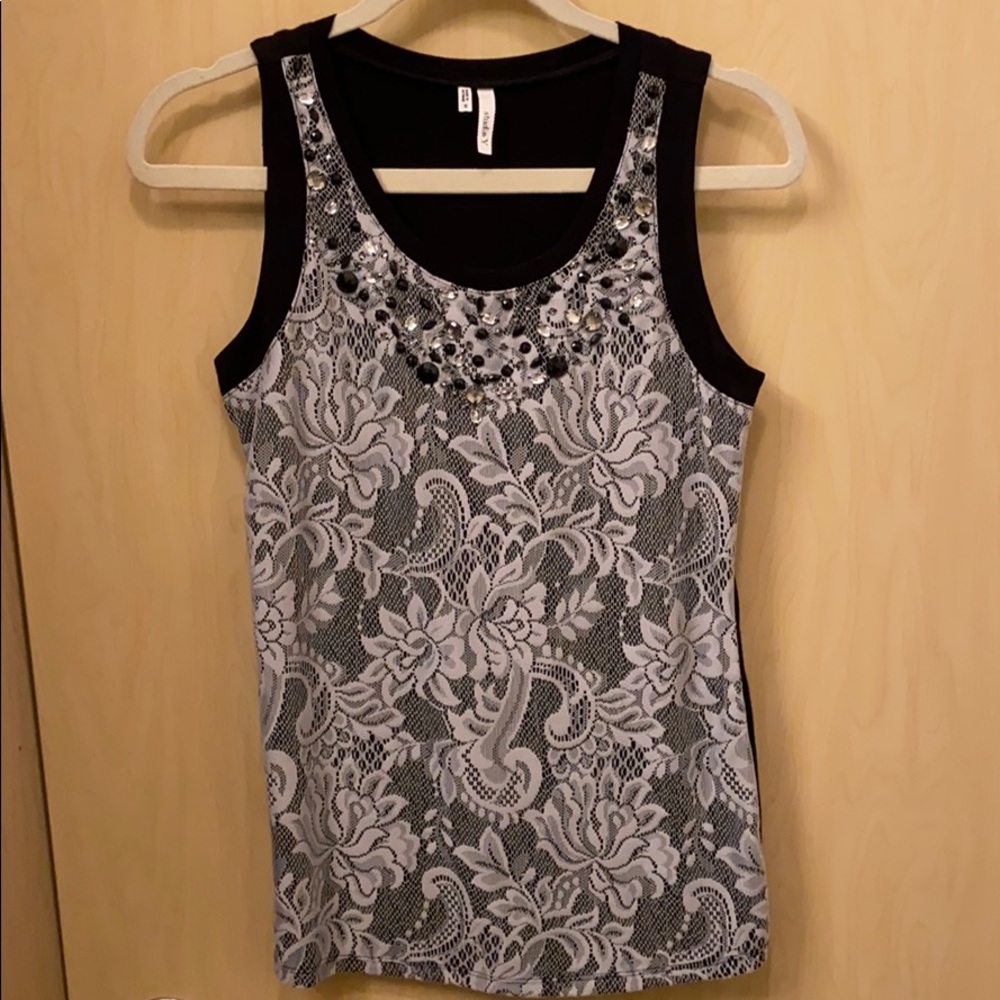 Black and silver studded lace tank top